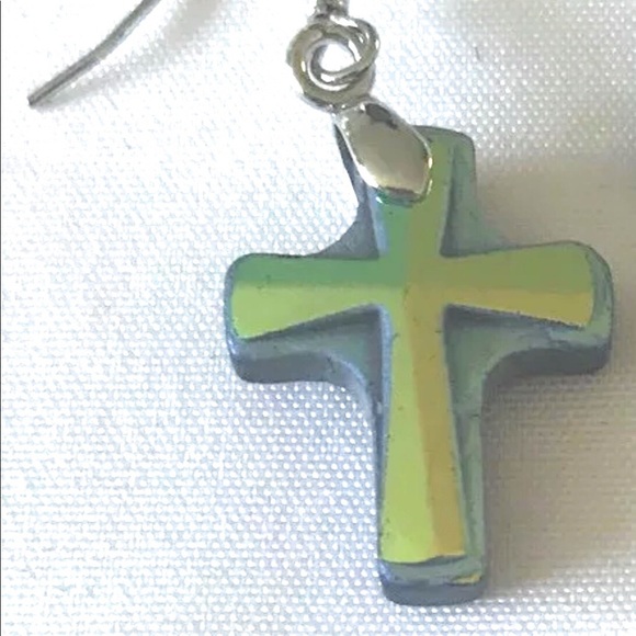 Green Cross Earrings Dangle Hook Style - Picture 2 of 2
